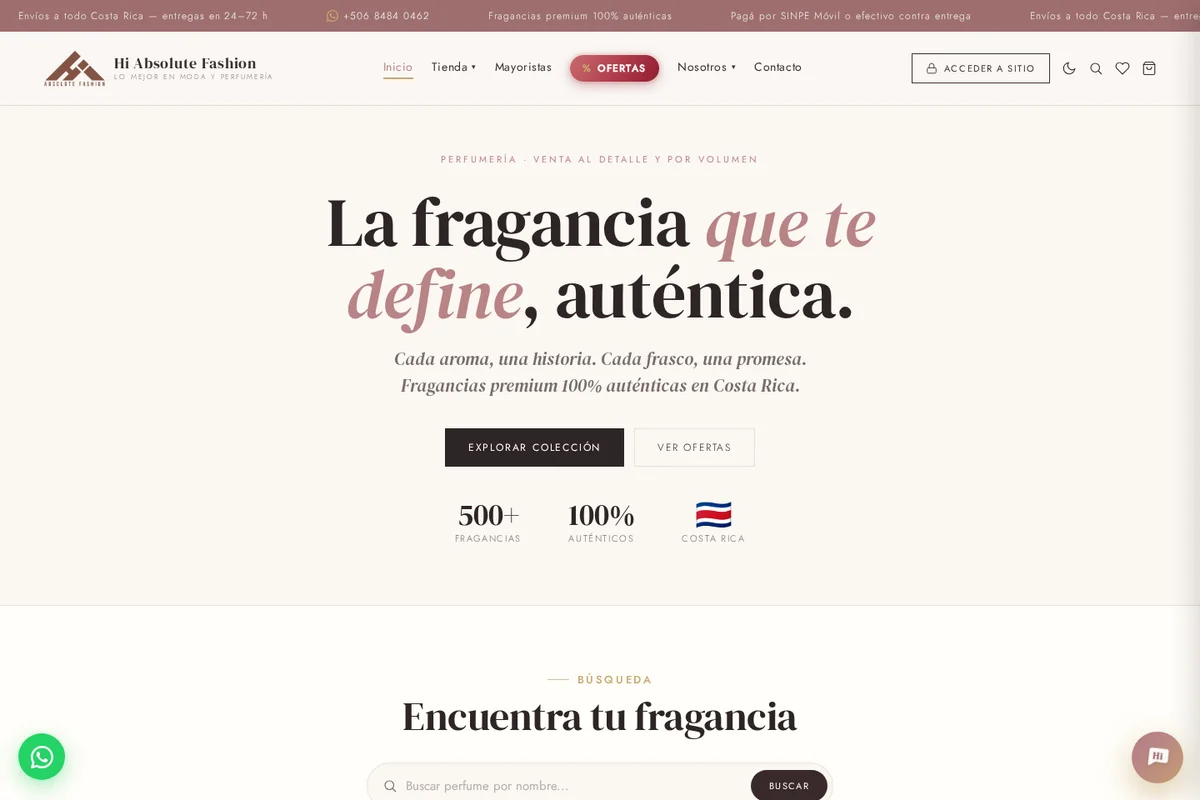 Captura real de tiendahi.com con la portada de Hi Absolute Fashion y su catálogo de fragancias.